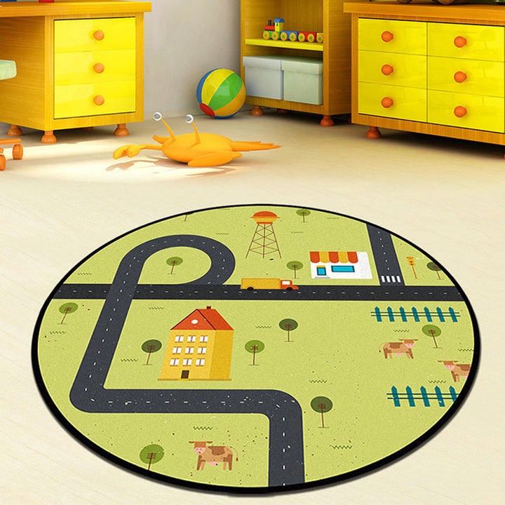 Lisslune | Gray and Green Kids Rug Polyester Road Pattern Rug Pet Friendly Washable Non-Slip Backing Carpet for Decoration