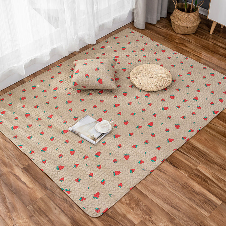 Lisslune | Children Strawberry Pattern Rug Yellow and Green Cotton Rug Washable Pet-Friendly Non-Slip Rug for the Children's Room