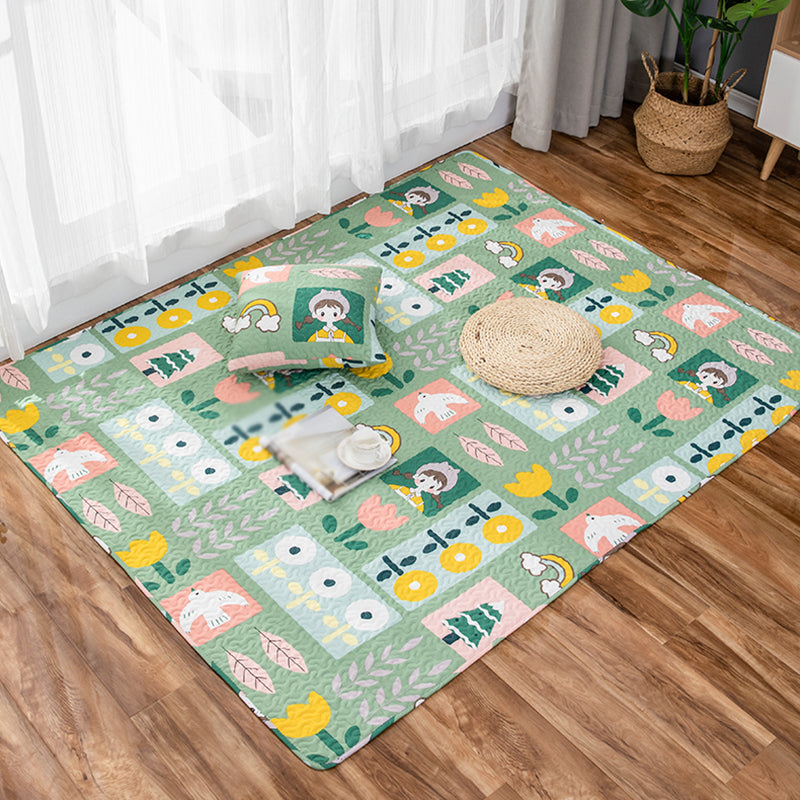 Lisslune | Kids Floral Pattern Rug with Character Beige and Green Cotton Rug Washable Pet Friendly Non-Slip Area Rug for Child's Bedroom