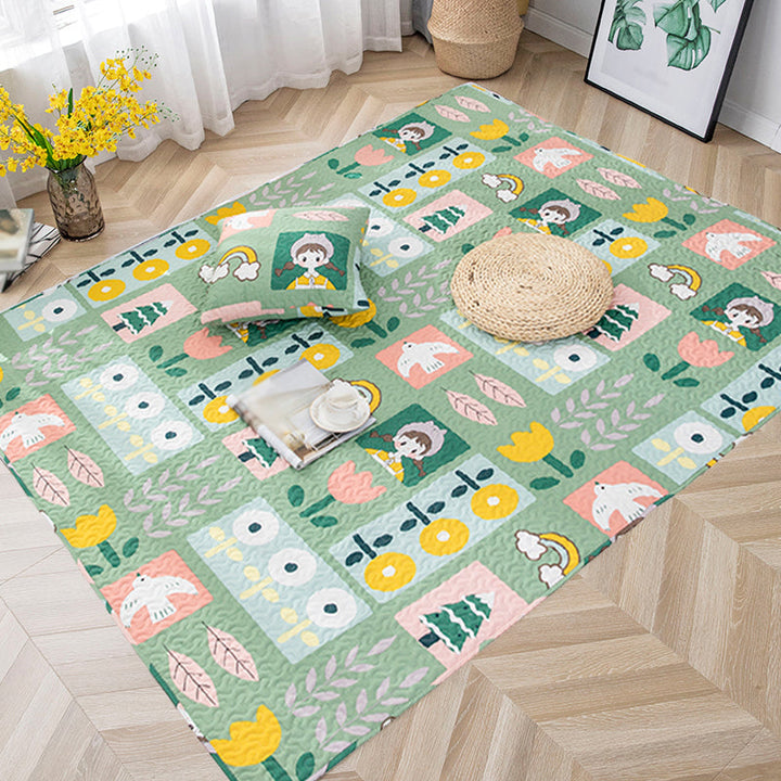 Lisslune | Kids Floral Pattern Rug with Character Beige and Green Cotton Rug Washable Pet Friendly Non-Slip Area Rug for Child's Bedroom
