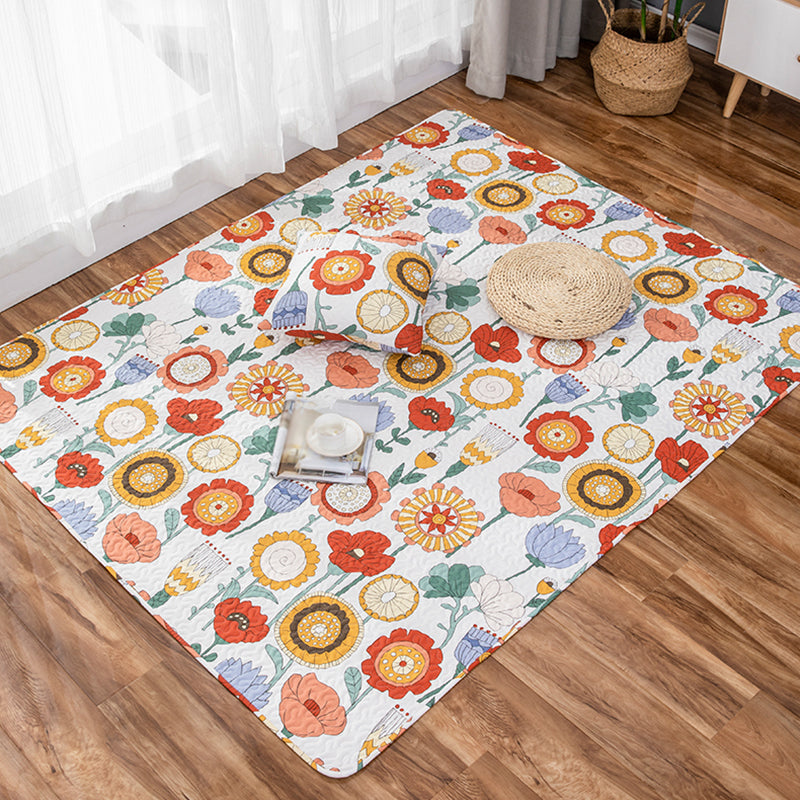 Lisslune | Kids Floral Pattern Rug with Character Beige and Green Cotton Rug Washable Pet Friendly Non-Slip Area Rug for Child's Bedroom