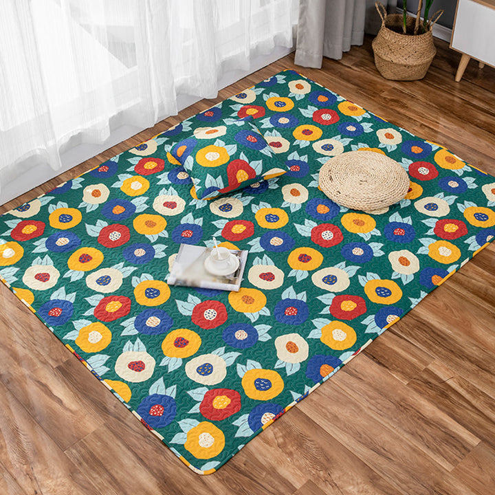 Lisslune | Kids Floral Pattern Rug with Character Beige and Green Cotton Rug Washable Pet Friendly Non-Slip Area Rug for Child's Bedroom
