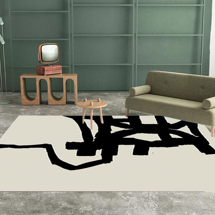 Lisslune | Black and White Abstract Carpet Polyester Scandinavian Rug Pet Friendly Washable Area Rug for Living Room