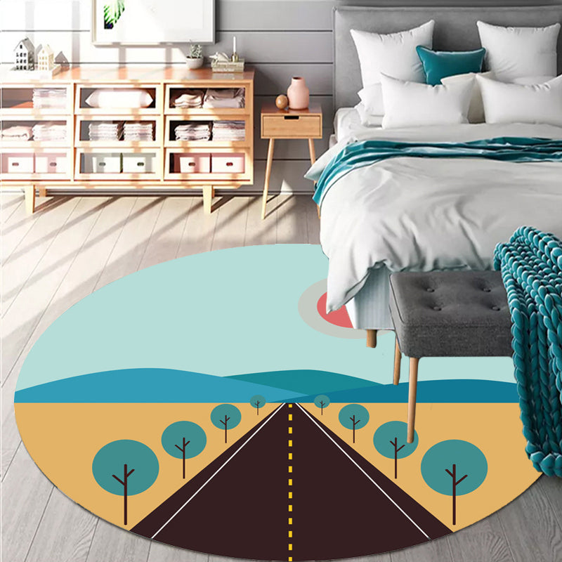 Lisslune | Kids Road Pattern Rug Yellow and Blue Polyester Carpet Washable Pet Friendly Non-Slip Rug for Children's Room