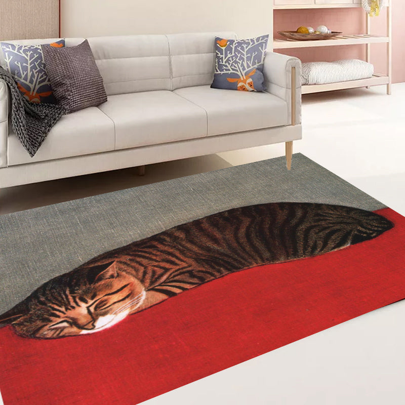 Lisslune | Novelty Cat Pattern Carpet Red and Black Polyester Washable Pet-Friendly Area Rug for Decoration