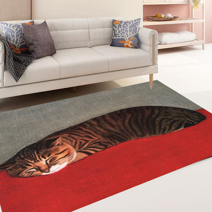 Lisslune | Novelty Cat Pattern Carpet Red and Black Polyester Washable Pet-Friendly Area Rug for Decoration