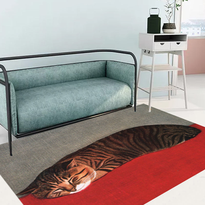 Lisslune | Novelty Cat Pattern Carpet Red and Black Polyester Washable Pet-Friendly Area Rug for Decoration