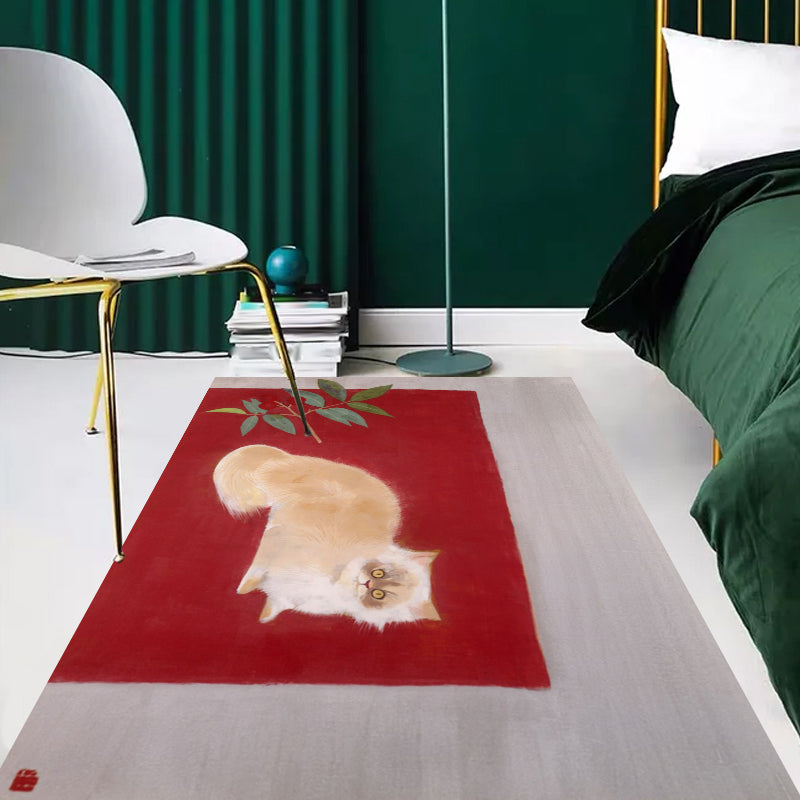 Lisslune | Novelty Cat Pattern Carpet Red and Black Polyester Washable Pet-Friendly Area Rug for Decoration