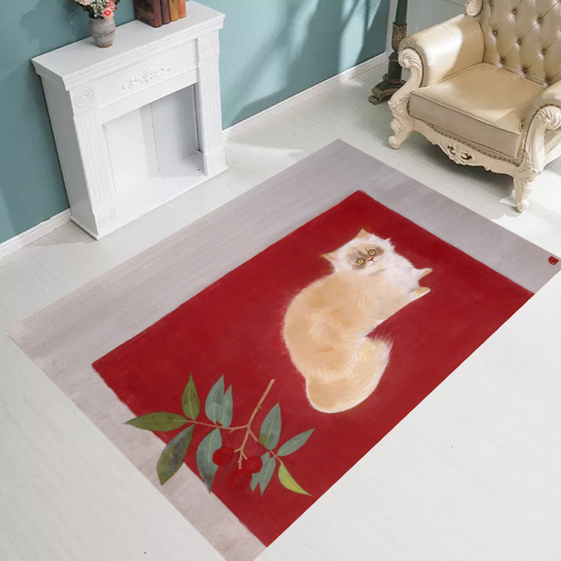 Lisslune | Novelty Cat Pattern Carpet Red and Black Polyester Washable Pet-Friendly Area Rug for Decoration