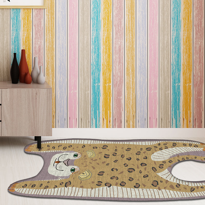 Lisslune | Kids Irregular Bedroom Carpet in Yellow and Purple Animal Leopard Pattern Rug Polyester Non-Slip Base Rug