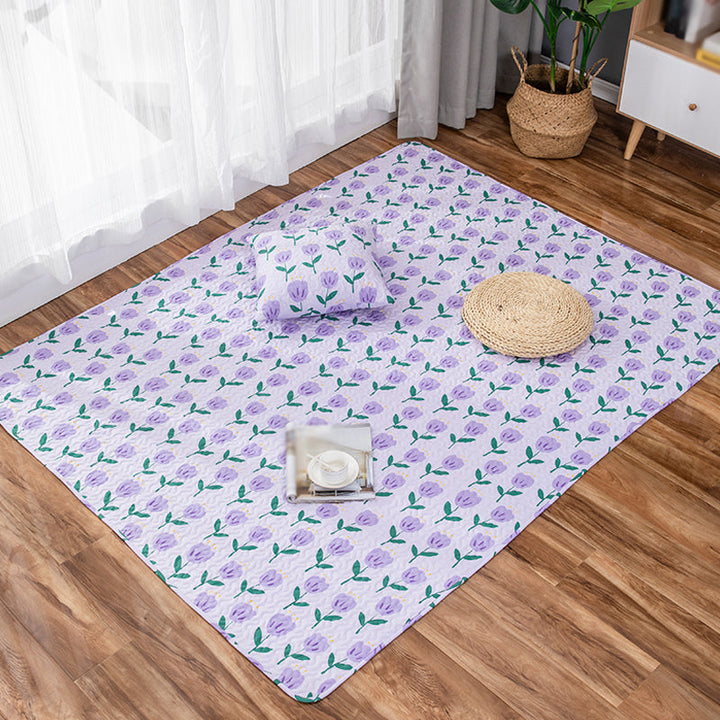 Lisslune | Green and Purple Kids Carpet Cotton Flower Rug Pet-Friendly Washable Non-Slip Background Area Rug for Decoration