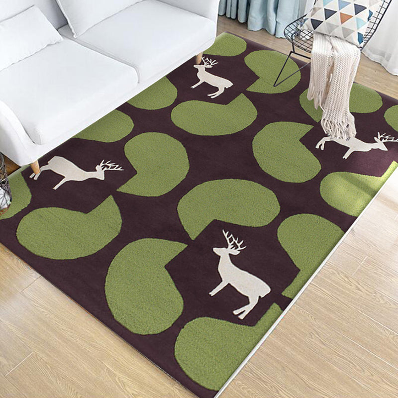 Lisslune | Children's Animal Pattern Rug Green Multicolor Polyester Rug Washable Pet-Friendly Non-Slip Rug for the Children's Room