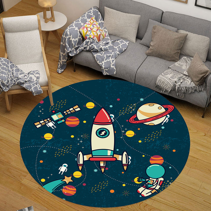 Lisslune | Children Space Pattern Carpet Black and Blue Polyester Carpet Washable Pet-Friendly Non-Slip Rug for Children's Room
