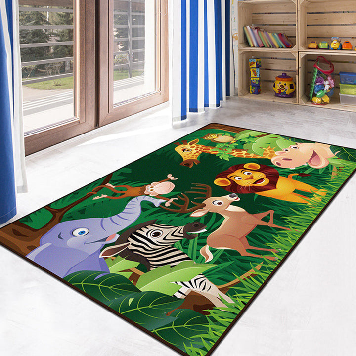 Lisslune | Green and Blue Children's Carpet Polyester Animal and Insect Pattern Carpet Pet-Friendly Washable Non-Slip Background Rug for Decoration