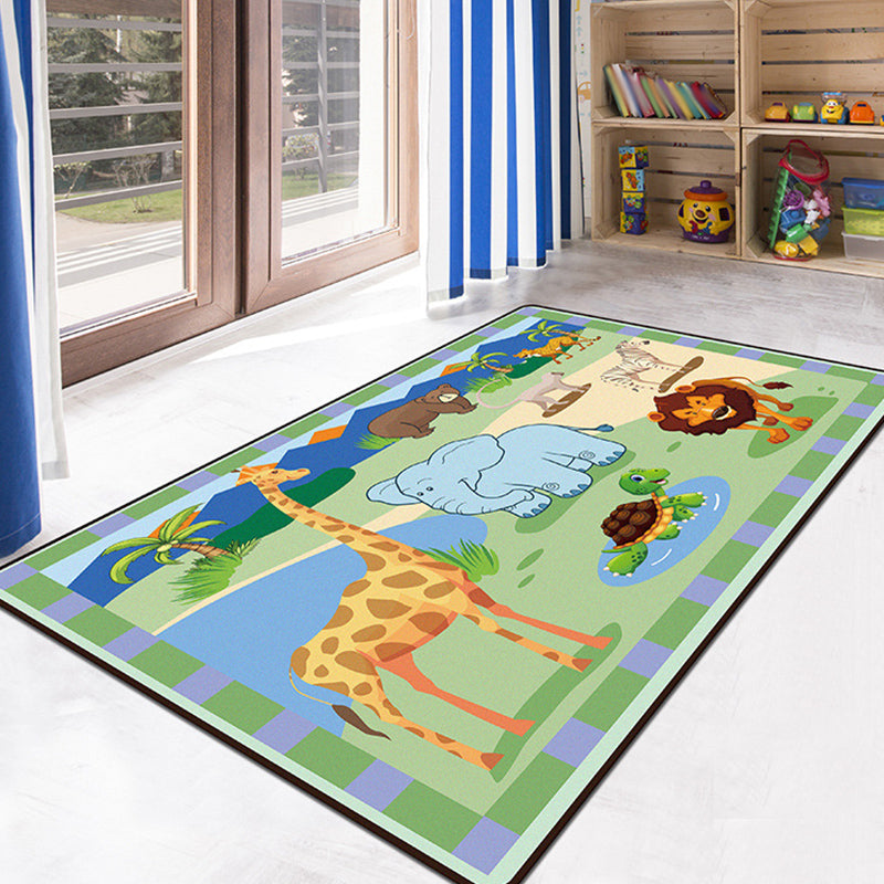 Lisslune | Green and Blue Children's Carpet Polyester Animal and Insect Pattern Carpet Pet-Friendly Washable Non-Slip Background Rug for Decoration