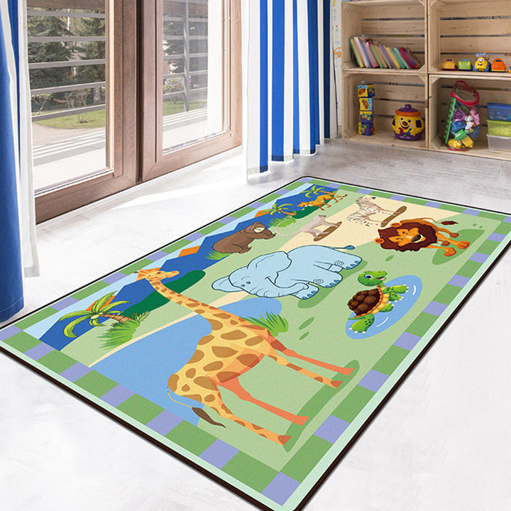 Lisslune | Green and Blue Children's Carpet Polyester Animal and Insect Pattern Carpet Pet-Friendly Washable Non-Slip Background Rug for Decoration