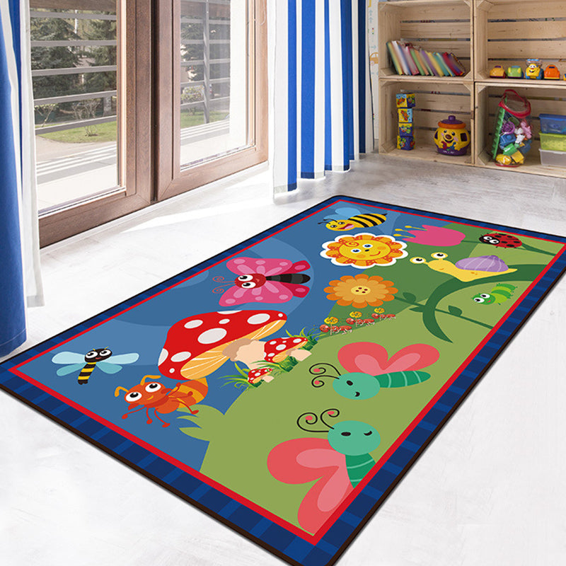 Lisslune | Green and Blue Children's Carpet Polyester Animal and Insect Pattern Carpet Pet-Friendly Washable Non-Slip Background Rug for Decoration