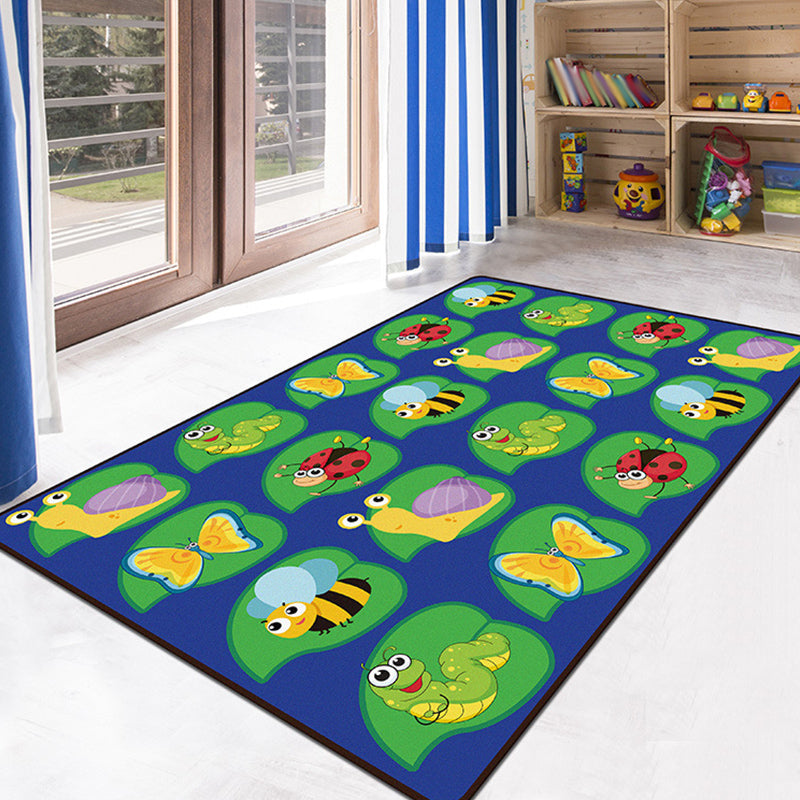 Lisslune | Green and Blue Children's Carpet Polyester Animal and Insect Pattern Carpet Pet-Friendly Washable Non-Slip Background Rug for Decoration