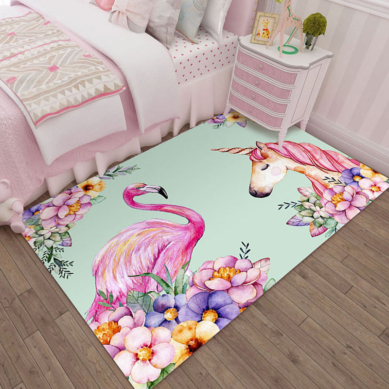 Lisslune | Colorful Cartoon Animal Pattern Area Rug Pink and Blue Children Rug Polyester Pet-Friendly Washable Non-Slip Back Area Rug for Daycare