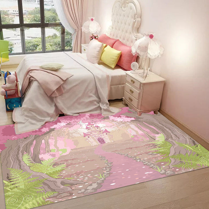 Lisslune | Pink and Blue Children's Carpet Polyester Forest and City Pattern Carpet Pet Friendly Washable Non-Slip Backing Carpet for Decoration