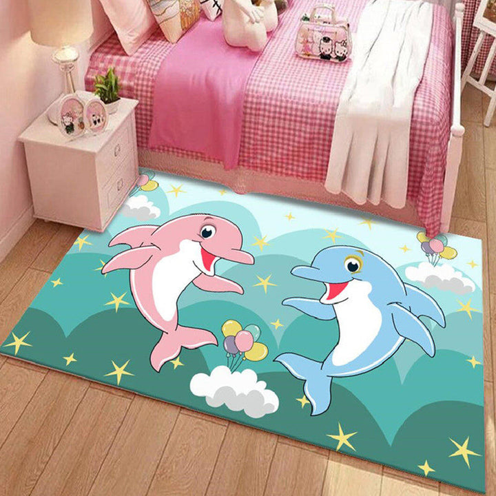 Lisslune | Kids Cartoon Dolphin Pattern Rug with Star Green and Blue Polyester Rug Washable Pet Friendly Non-Slip Area Rug for Kids Room