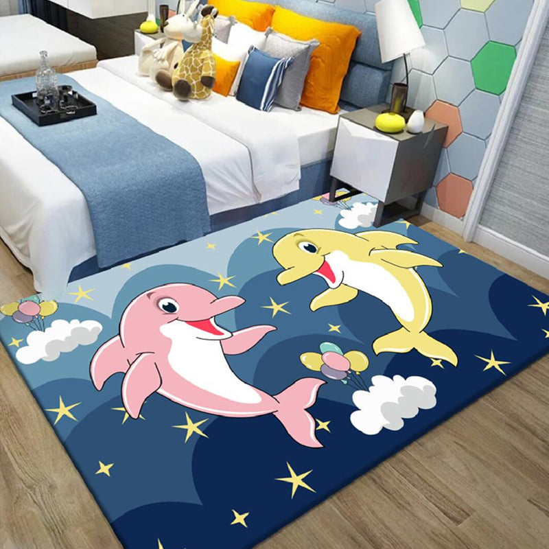 Lisslune | Kids Cartoon Dolphin Pattern Rug with Star Green and Blue Polyester Rug Washable Pet Friendly Non-Slip Area Rug for Kids Room
