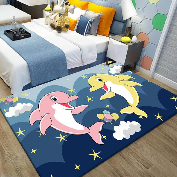 Lisslune | Kids Cartoon Dolphin Pattern Rug with Star Green and Blue Polyester Rug Washable Pet Friendly Non-Slip Area Rug for Kids Room