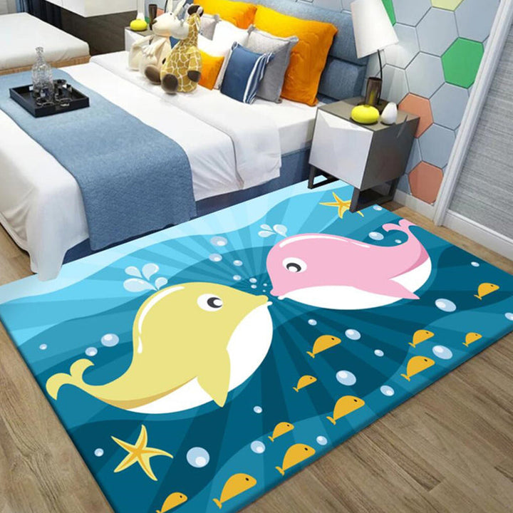 Lisslune | Kids Cartoon Dolphin Pattern Rug with Star Green and Blue Polyester Rug Washable Pet Friendly Non-Slip Area Rug for Kids Room