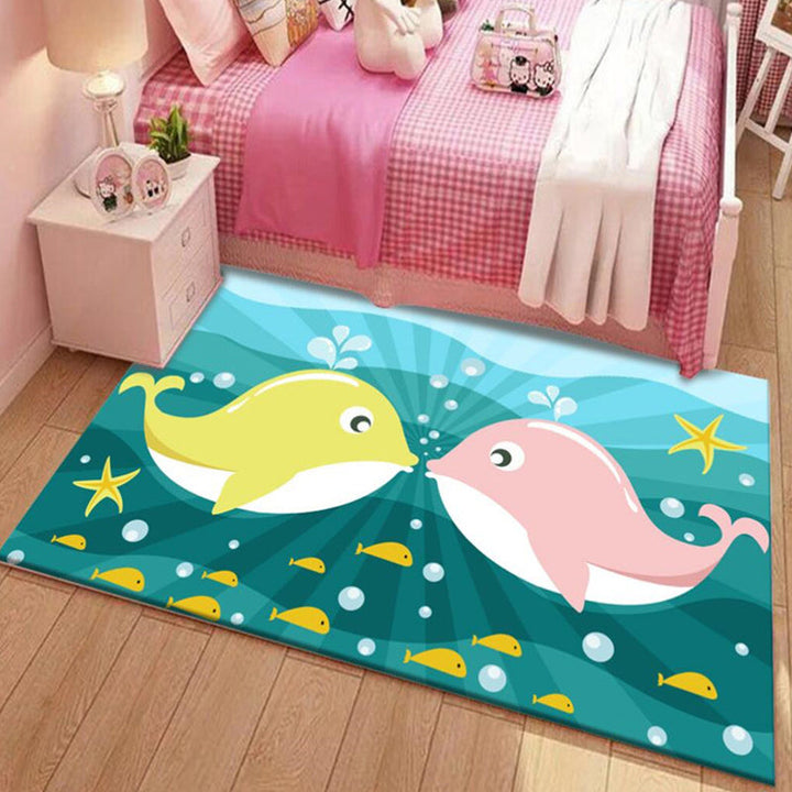 Lisslune | Kids Cartoon Dolphin Pattern Rug with Star Green and Blue Polyester Rug Washable Pet Friendly Non-Slip Area Rug for Kids Room