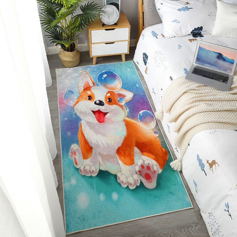 Lisslune | Children Dog Pattern Rug Green and Blue Polyester Rug Washable Pet Friendly Non-Slip Area Rug for the Children's Room