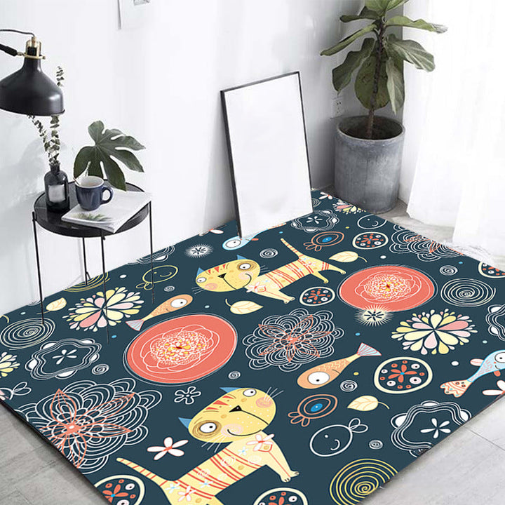 Lisslune | Dark Black Children’s Mat Polyester Animal and Flower Pattern Carpet Pet Friendly Washable Non-Slip Backing Rug for Decoration