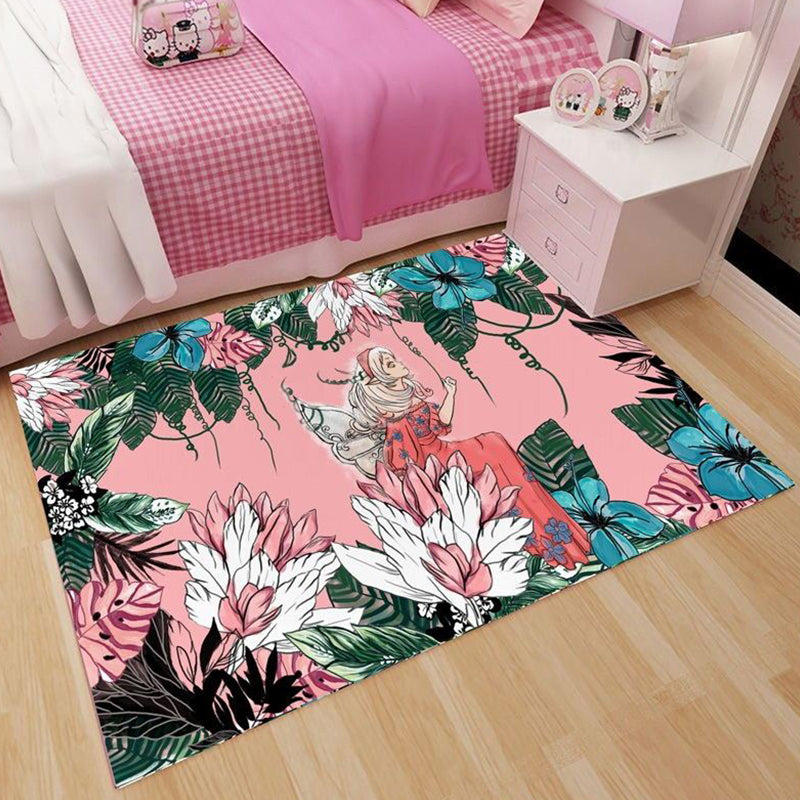Lisslune | Pink and Green Children Rug Polyester Cartoon Character Pattern Rug Pet-Friendly Washable Non-Slip Backing Rug for Decoration
