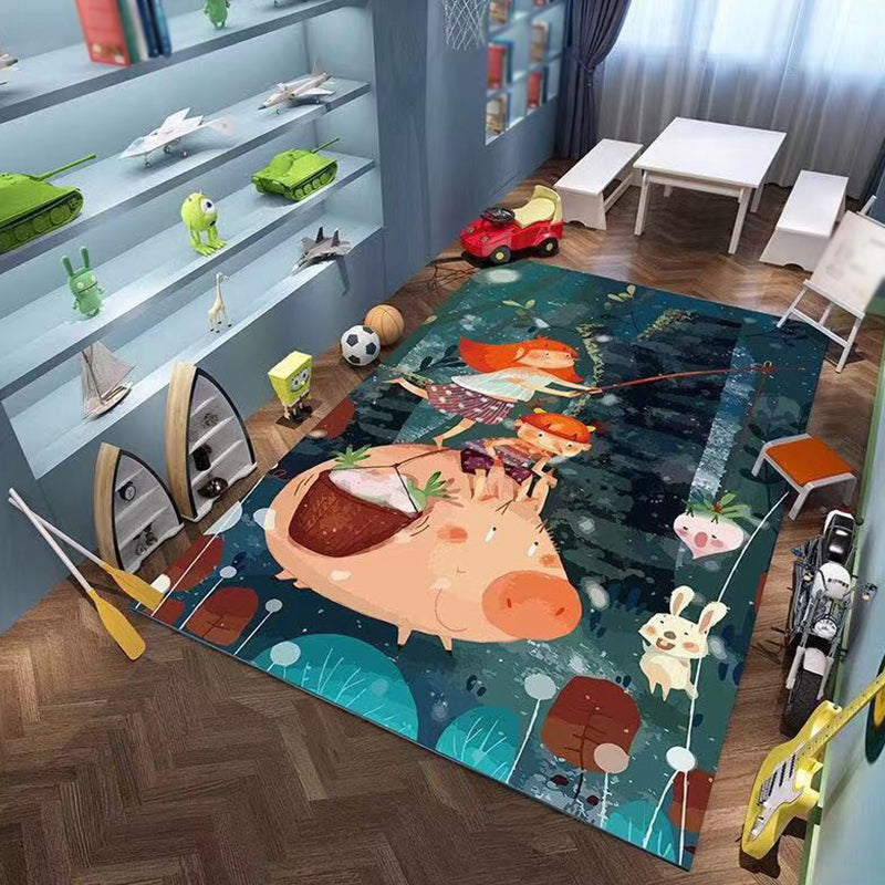Lisslune | Pink and Green Children Rug Polyester Cartoon Character Pattern Rug Pet-Friendly Washable Non-Slip Backing Rug for Decoration