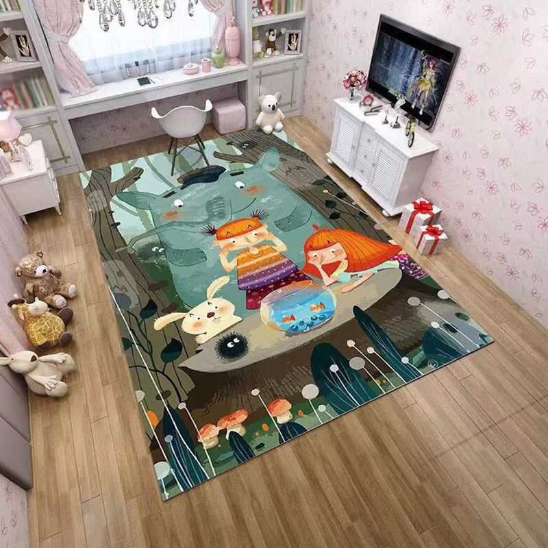 Lisslune | Pink and Green Children Rug Polyester Cartoon Character Pattern Rug Pet-Friendly Washable Non-Slip Backing Rug for Decoration
