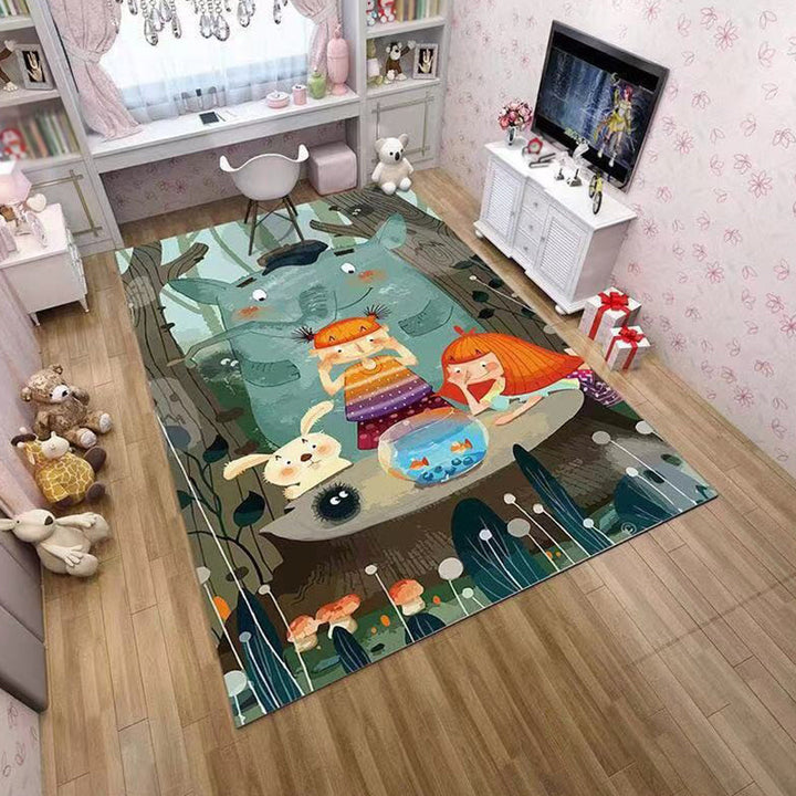 Lisslune | Pink and Green Children Rug Polyester Cartoon Character Pattern Rug Pet-Friendly Washable Non-Slip Backing Rug for Decoration