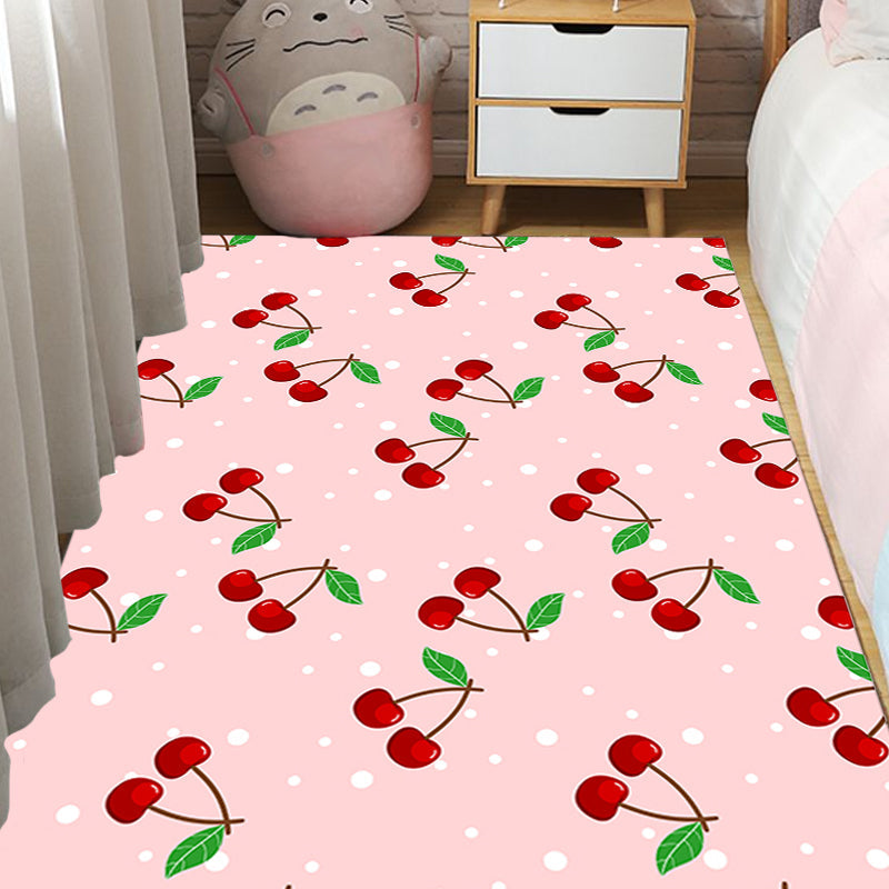 Lisslune | Pink Children's Carpet Synthetic Cherry Pattern Carpet Pet Friendly Washable Non-Slip Back Carpet for Decoration