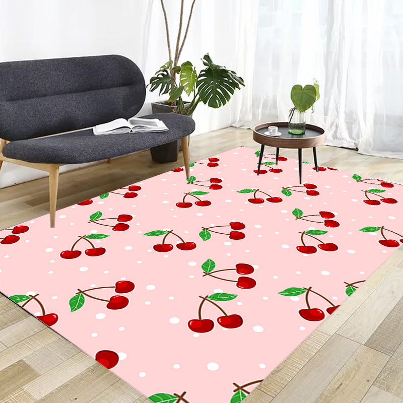 Lisslune | Pink Children's Carpet Synthetic Cherry Pattern Carpet Pet Friendly Washable Non-Slip Back Carpet for Decoration
