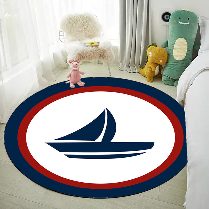 Lisslune | Unique navigation pattern rug with ship and anchor Blue and White children's rug Polyester Washable Pet-friendly Non-slip rug for children's room