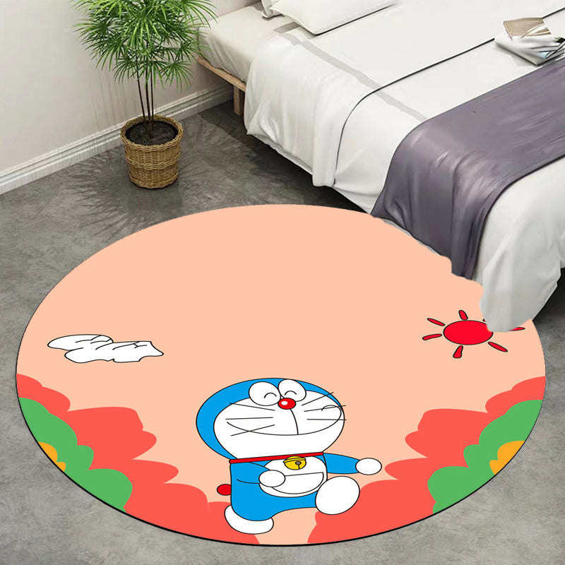 Lisslune | Kids Cartoon Cat Pattern Rug Pink and Red Polyester Carpet Washable Pet Friendly Non-Slip Area Rug for Children's Room
