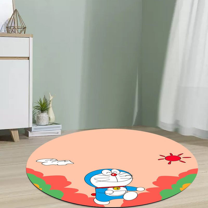 Lisslune | Kids Cartoon Cat Pattern Rug Pink and Red Polyester Carpet Washable Pet Friendly Non-Slip Area Rug for Children's Room