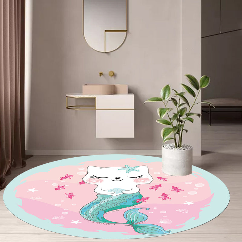 Lisslune | Kids Cartoon Cat Pattern Rug Pink and Red Polyester Carpet Washable Pet Friendly Non-Slip Area Rug for Children's Room