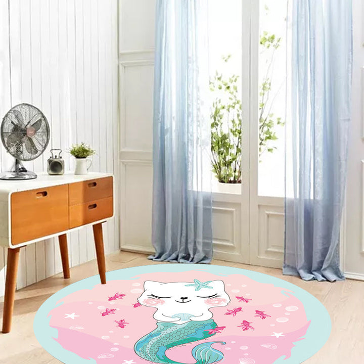 Lisslune | Kids Cartoon Cat Pattern Rug Pink and Red Polyester Carpet Washable Pet Friendly Non-Slip Area Rug for Children's Room