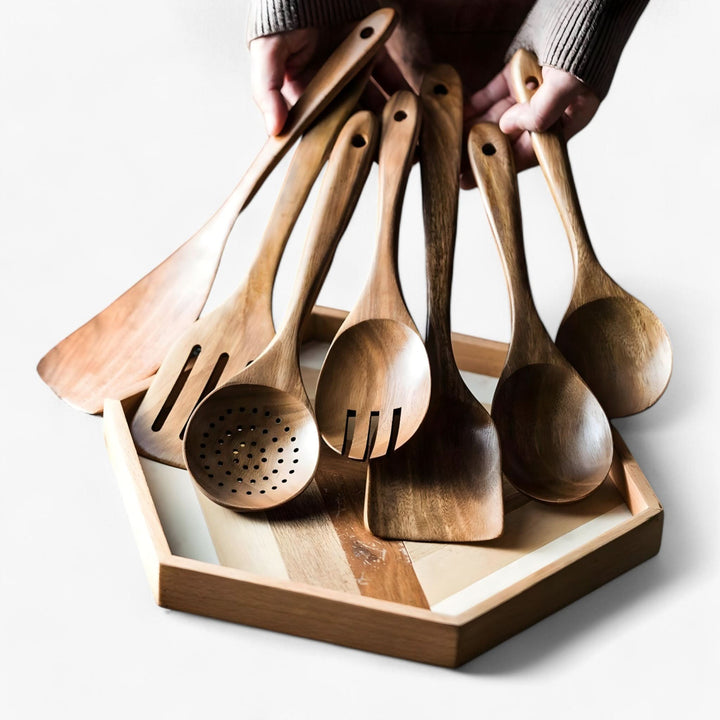 Lisslune | Teak Wooden Kitchen Utensil Set with Holder