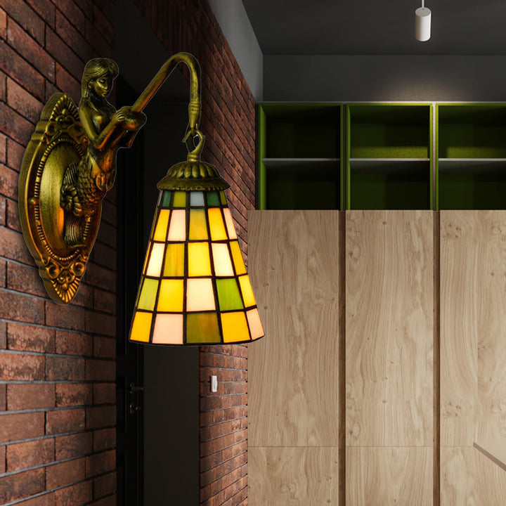 Lisslune | 1 Main Element Wall Lamp Tiffany Grid Pattern Blue/Green Glass Wall Lamp for Hallway