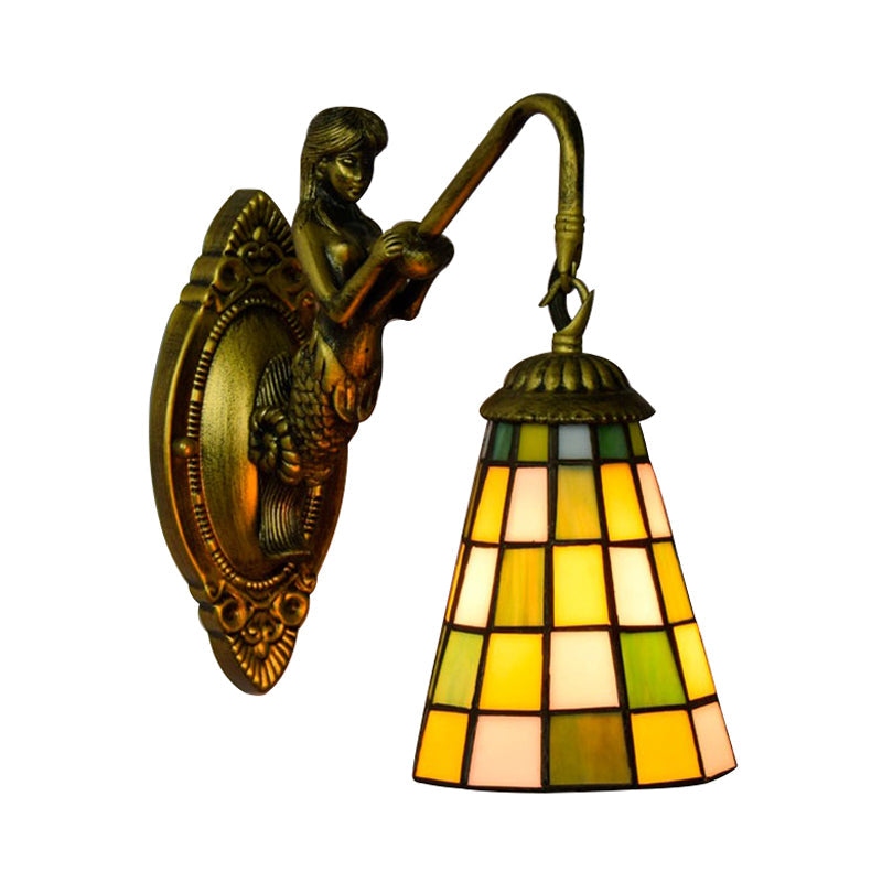 Lisslune | 1 Main Element Wall Lamp Tiffany Grid Pattern Blue/Green Glass Wall Lamp for Hallway