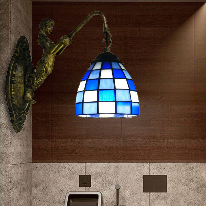 Lisslune | 1 Main Element Wall Lamp Tiffany Grid Pattern Blue/Green Glass Wall Lamp for Hallway