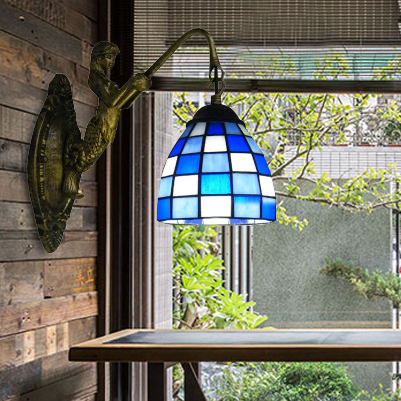 Lisslune | 1 Main Element Wall Lamp Tiffany Grid Pattern Blue/Green Glass Wall Lamp for Hallway