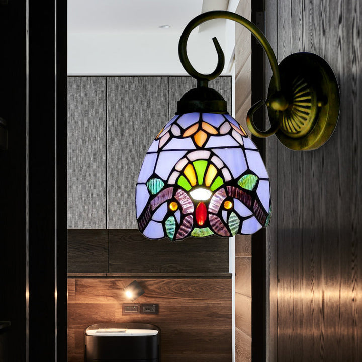 Lisslune | Dome Wall Light with Blue / Brown Glass Shade Victorian Style 1 Light Mini Wall Lamp in Brass Finish