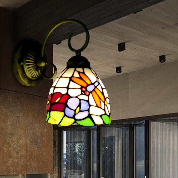 Lisslune | Rustic Dragonfly Wall Lamp with Curved Arm 1 Light Colored Glass Wall Lighting in Brass
