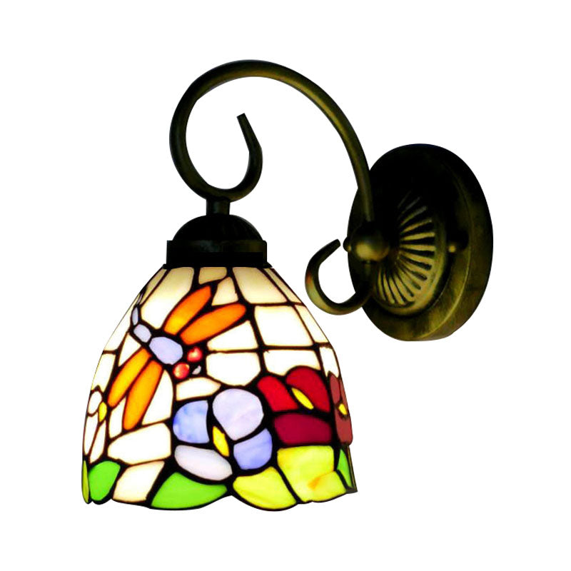 Lisslune | Rustic Dragonfly Wall Lamp with Curved Arm 1 Light Colored Glass Wall Lighting in Brass